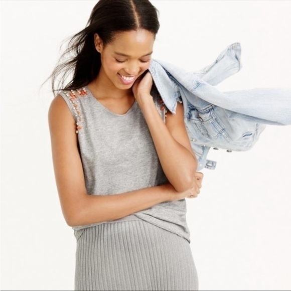 J. CREW • GREY ORANGE BEADED JEWELED EMBELLISHED MUSCLE TANK TOP - Picture 1 of 7